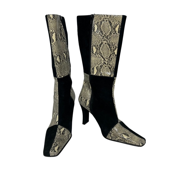 Vintage Proxy Black & White Snake & Suede Patchwork Boots Spain 90s/Y2K Size 7.5 - Picture 1 of 10